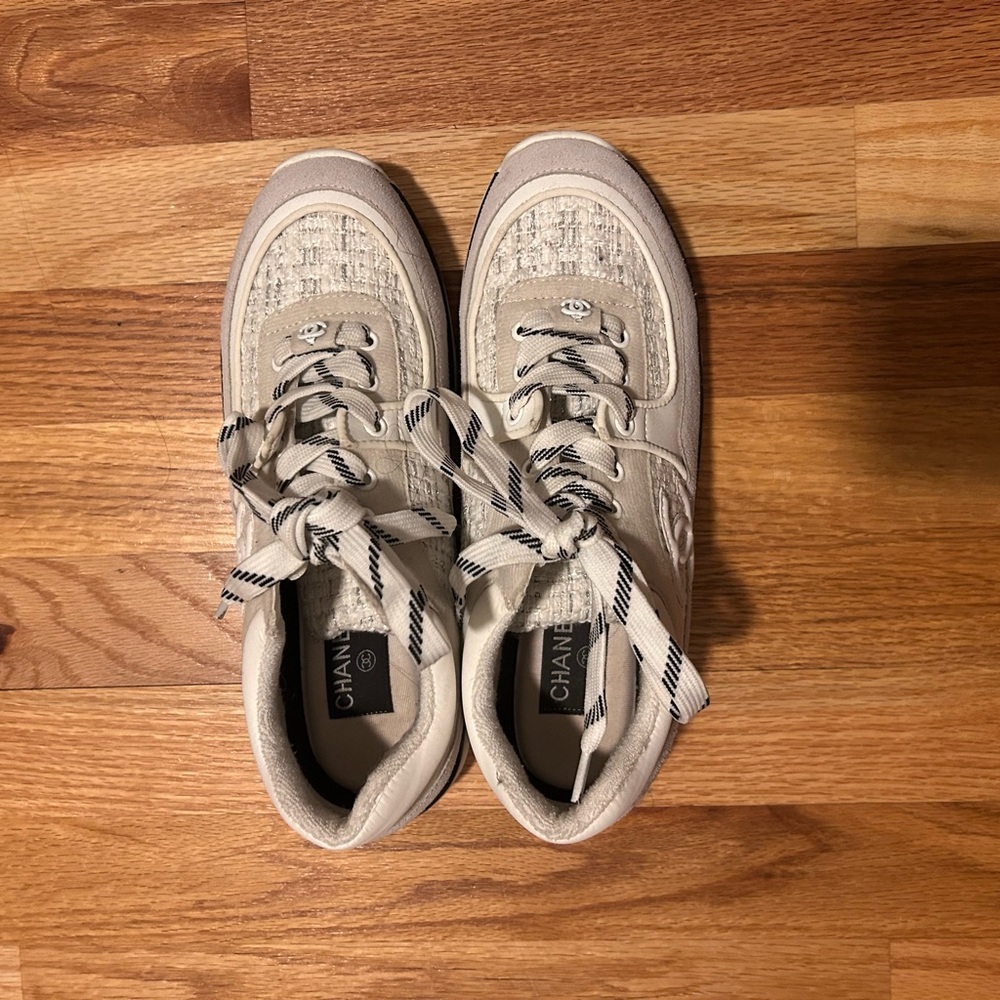 Designer Inspired Cream Tweed Lace-Up Sneakers